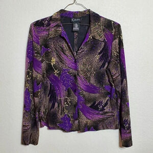 K Studio Collection Womens Long Sleeve Button Blouse Size 12 Purple Black Gold